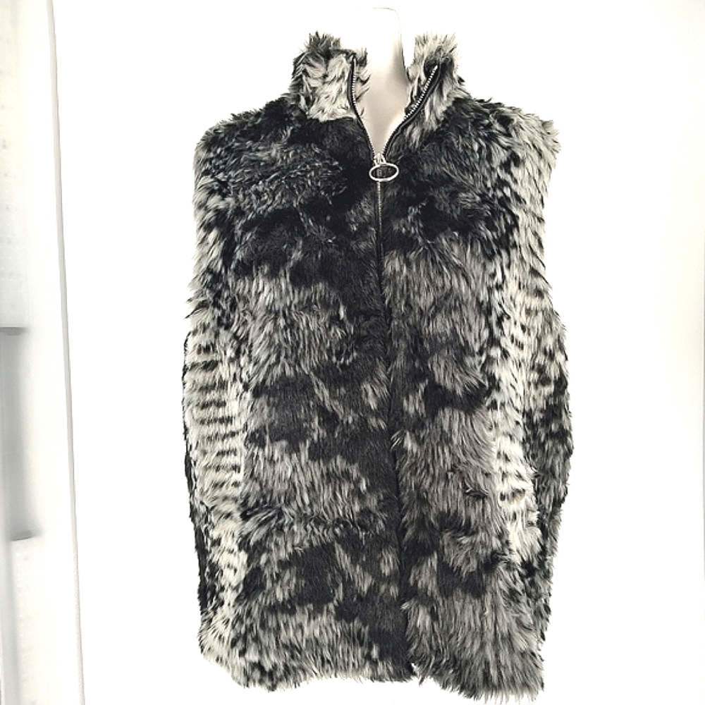 INC International Concepts Wild Faux Fur Vest Black Gray L/XL NWT